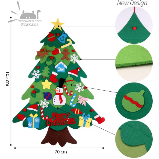 [LOẠI 1]Cây thông noel vải dạ dán dính 5 lớp - 32 phu kien - 105x70cm - kèm đèn | BigBuy360 - bigbuy360.vn
