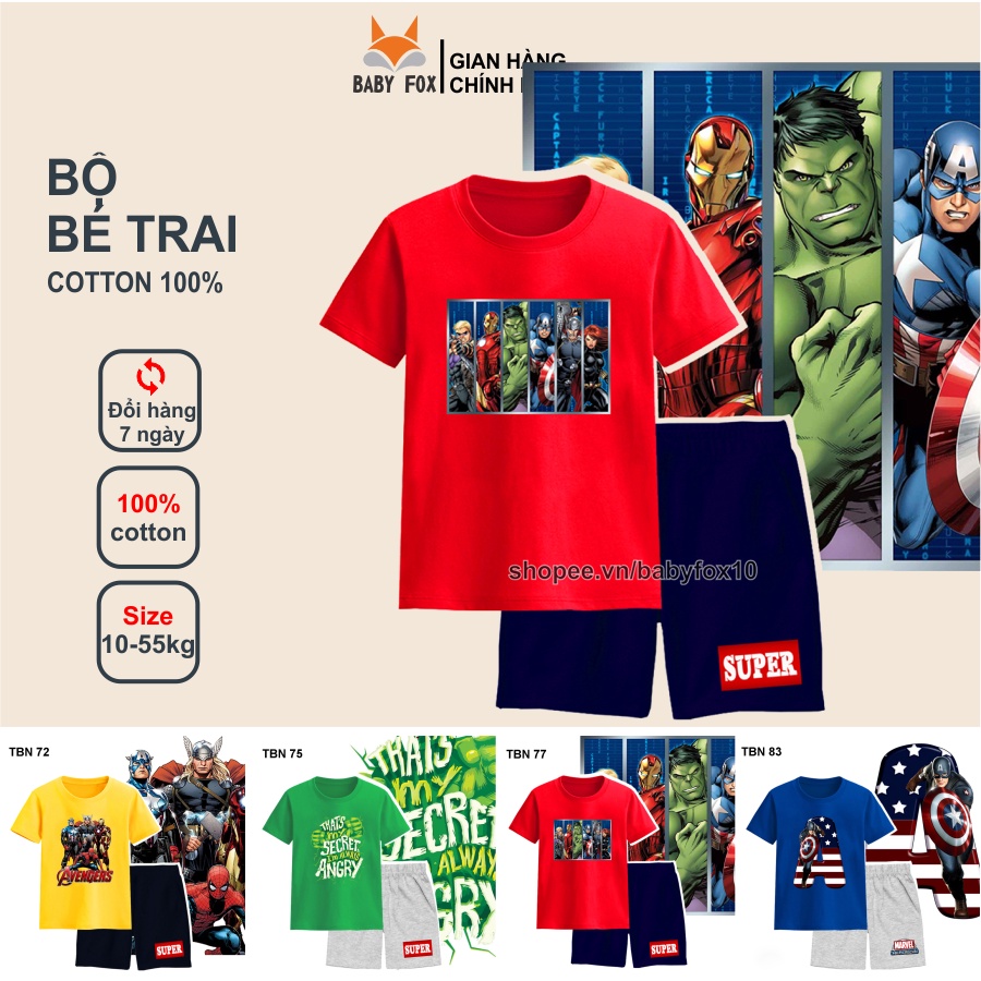 Bộ thun bé trai 100% cotton loại tốt, thương hiệu BABY FOX, hình siêu anh hùng, người sắt h