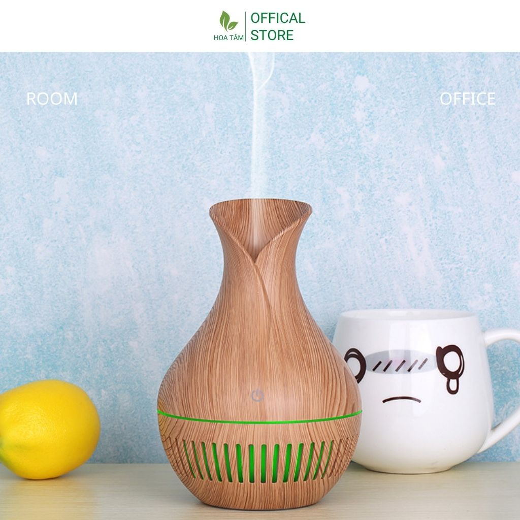 Máy xông tinh dầu phòng ngủ phòng khách, vân gỗ bình hoa, đèn led 7 màu, dung tích 200ml KJR-011 | BH 6 tháng