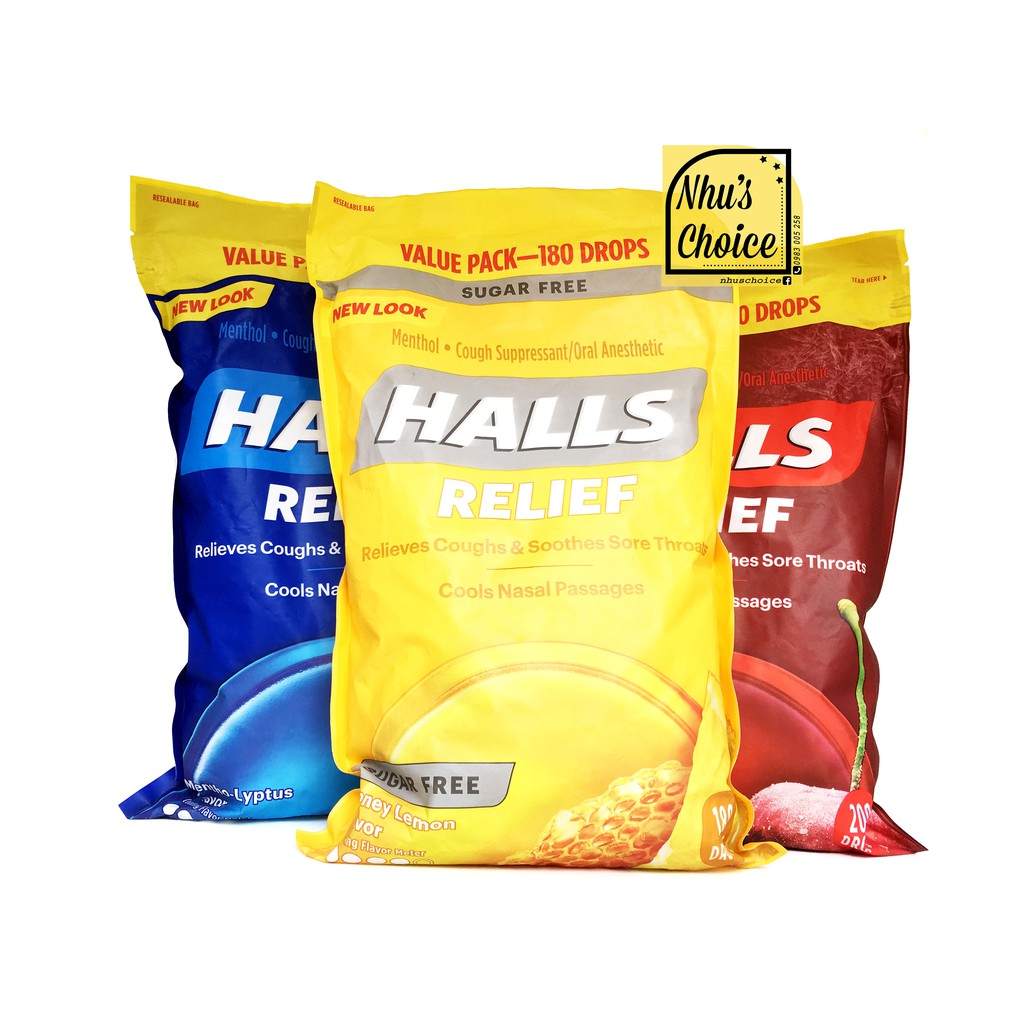 [Hàng Mỹ Nhu's Choice] Kẹo ngậm Halls Cough Drops Mỹ, vị Chanh mật ong Honey Lemon/ Cherry/ The Lyptus.