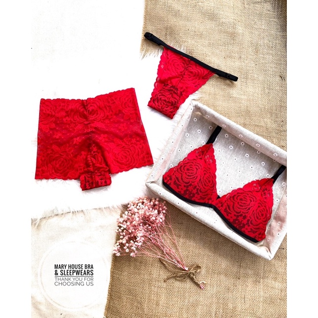 Set Bralette Ren Mút Ngực Đỏ Mary House Bra & Sleepwears