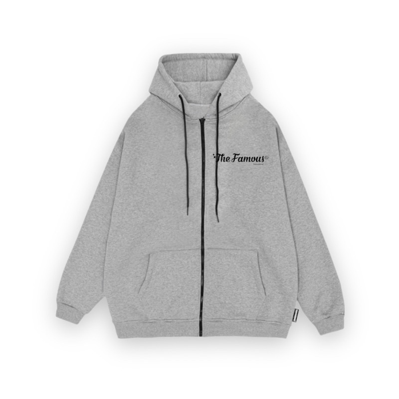 [Chính hãng] Áo khoác hoodie zip nỉ chân cua khoá kéo 1 chiều The Famous Xám Tiêu