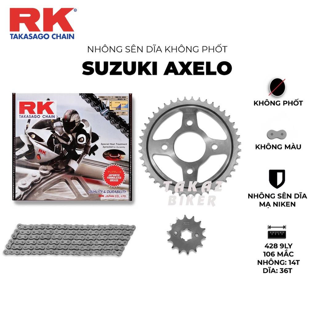 Nhông sên dĩa RK xe Axelo thương hiệu JAPAN Hàng made in Malaysia