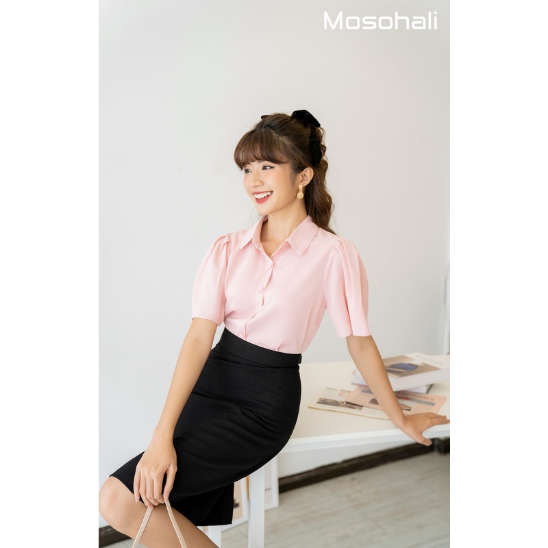 Áo sơ mi nữ tay bèo Mosohali hồng + Chân váy chữ A thiết kế mosohali