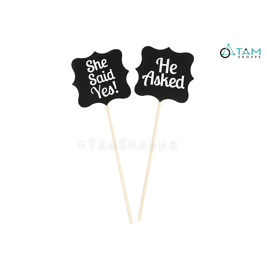 [GỖ VÁN ÉP]Bảng hashtag cầm tay chụp hình cưới He Asked She Said Yes trang trí cưới TTC-05