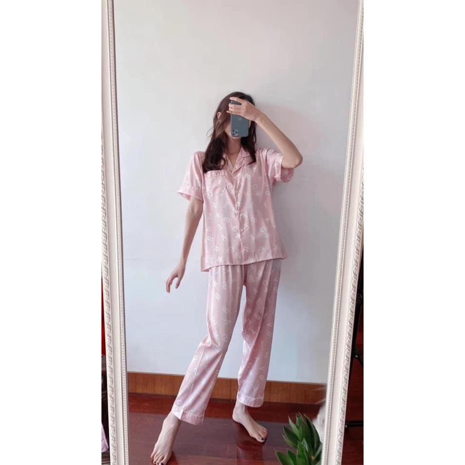 Bộ ngủ lụa Pijama hoạ tiết chữ cái hàng cao cấp