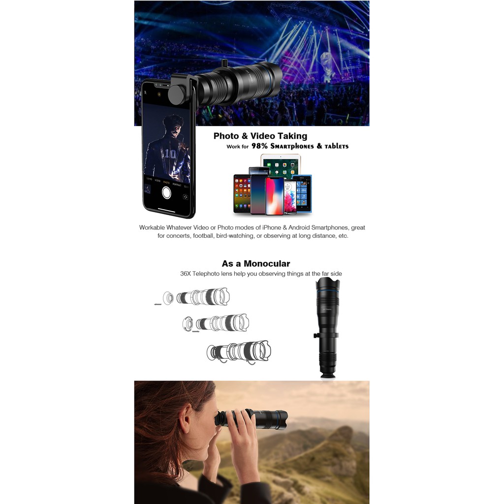 [Mã ELMS4 giảm 7% đơn 500K] Bộ ống kính apexel 36x super tele zoom lens cho điện thoại - Tặng kèm Tripod