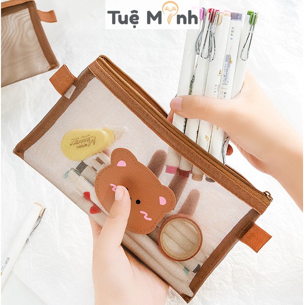 Túi bút hình gấu dễ thương vải lưới K36  - bóp viết hộp đựng bút cute