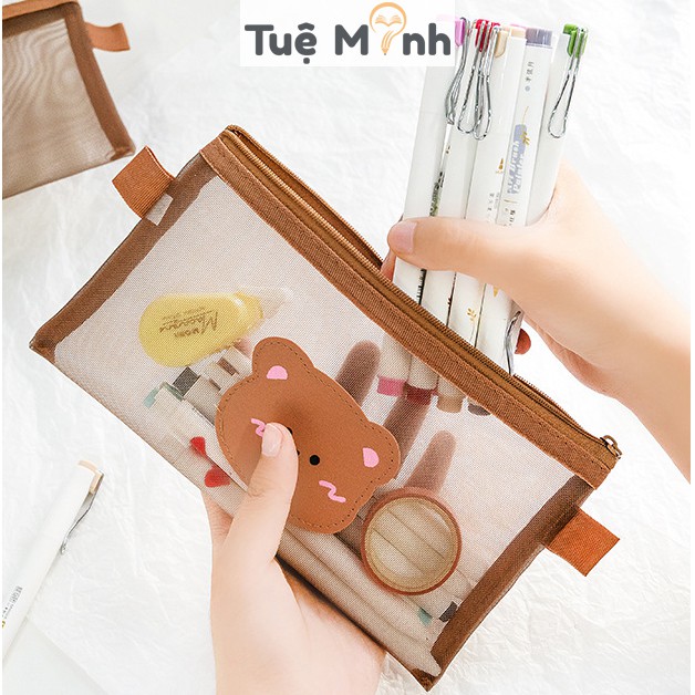 Túi bút hình gấu dễ thương vải lưới K36 - bóp viết hộp đựng bút cute