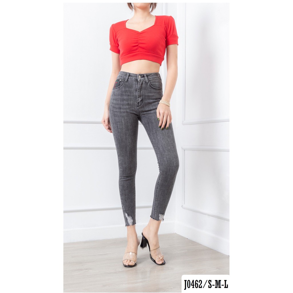 Quần Jean Skinny Nữ Màu Xám Lai Rách Lưng Siêu Cao Tôn Dáng Và Thời Trang J0462