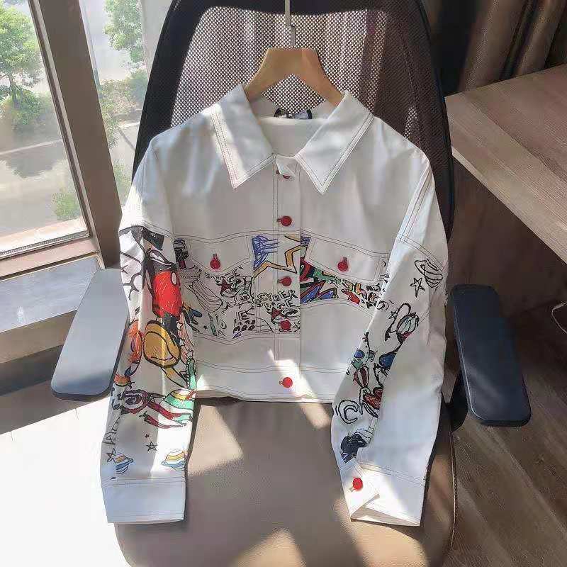 Áo Khoác Denim Ngắn Dáng Rộng In Họa Tiết Graffiti Phong Cách Hàn Quốc Cho Nữ