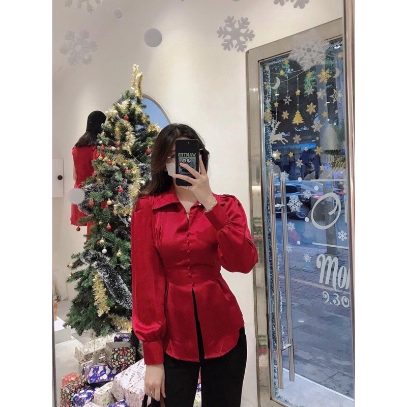 Áo sơ mi lụa tay phồng xẻ đinh cột sơ sau