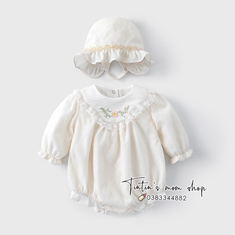 Sét body chíp đầy tháng/ thôi nôi dài tay cổ ren thêu hoa kèm mũ Vlinder cho bé gái