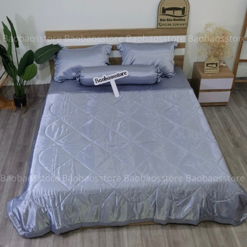 Bộ chăn ga và vỏ gối phi lụa cao cấp màu xám ánh xanh