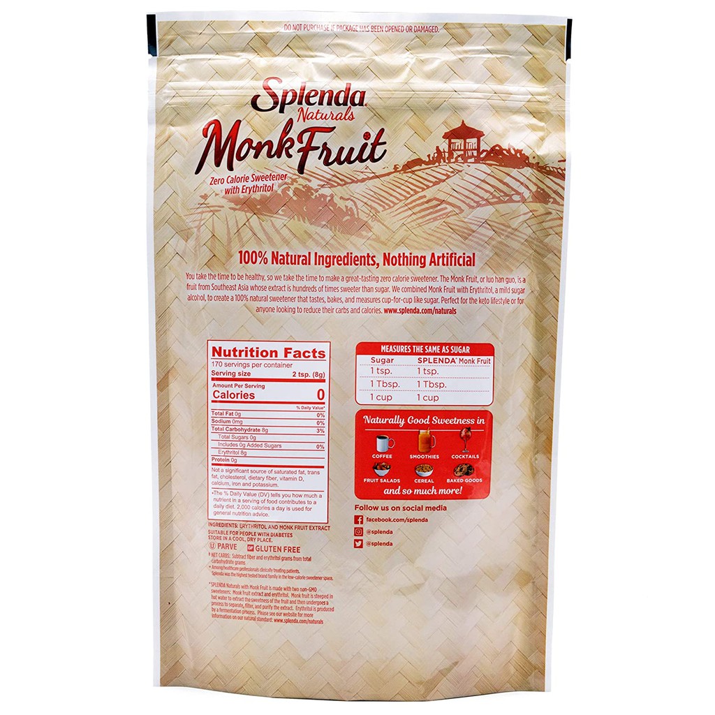 (Keto) Đường La Hán Quả Splenda Monkfruit Naturals 1,36kg của Mỹ