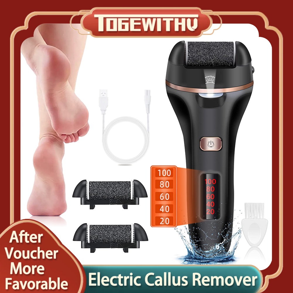 Máy mài gót chân TOGEWITHU tẩy tế bào chết da cứng có thể sạc lại với đèn LED và 2 đầu lăn