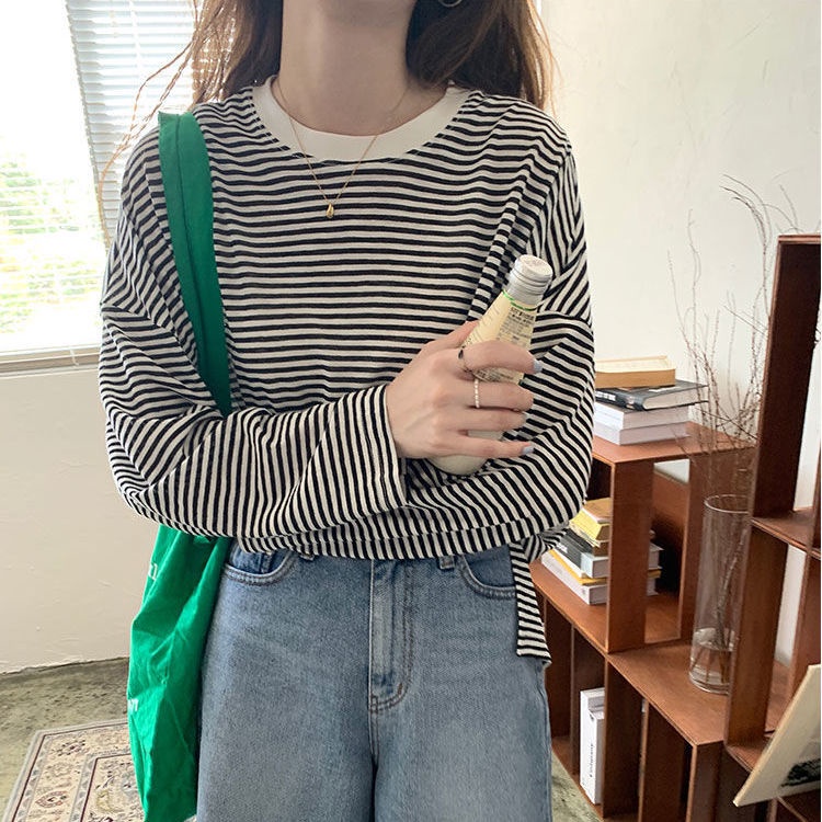 Áo Thun Tay Dài Dáng Rộng Họa Tiết Kẻ Sọc Ngang Phong Cách Hàn Quốc Thời Trang Mùa Thu Cho Nữ