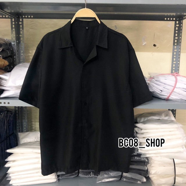 Áo sơ mi tay ngắn Cổ Vest Đen Unisex 1hit_unisex form rộng