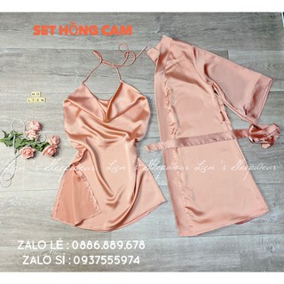 Đầm ngủ lụa yếm xẻ tà sexy - Set choàng lụa