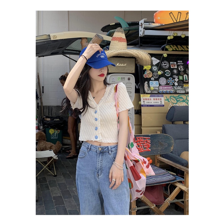 Áo Crop Top nữ cổ chữ V ngọt ngào phong cách Hàn Quốc