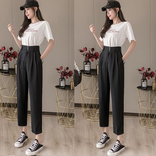 Quần tây công sở dáng baggy cạp cao bản to phối 3 cúc tinh tế - chất vải tuyết mưa dày dặn co giãn ít - Màu Đen - Kem