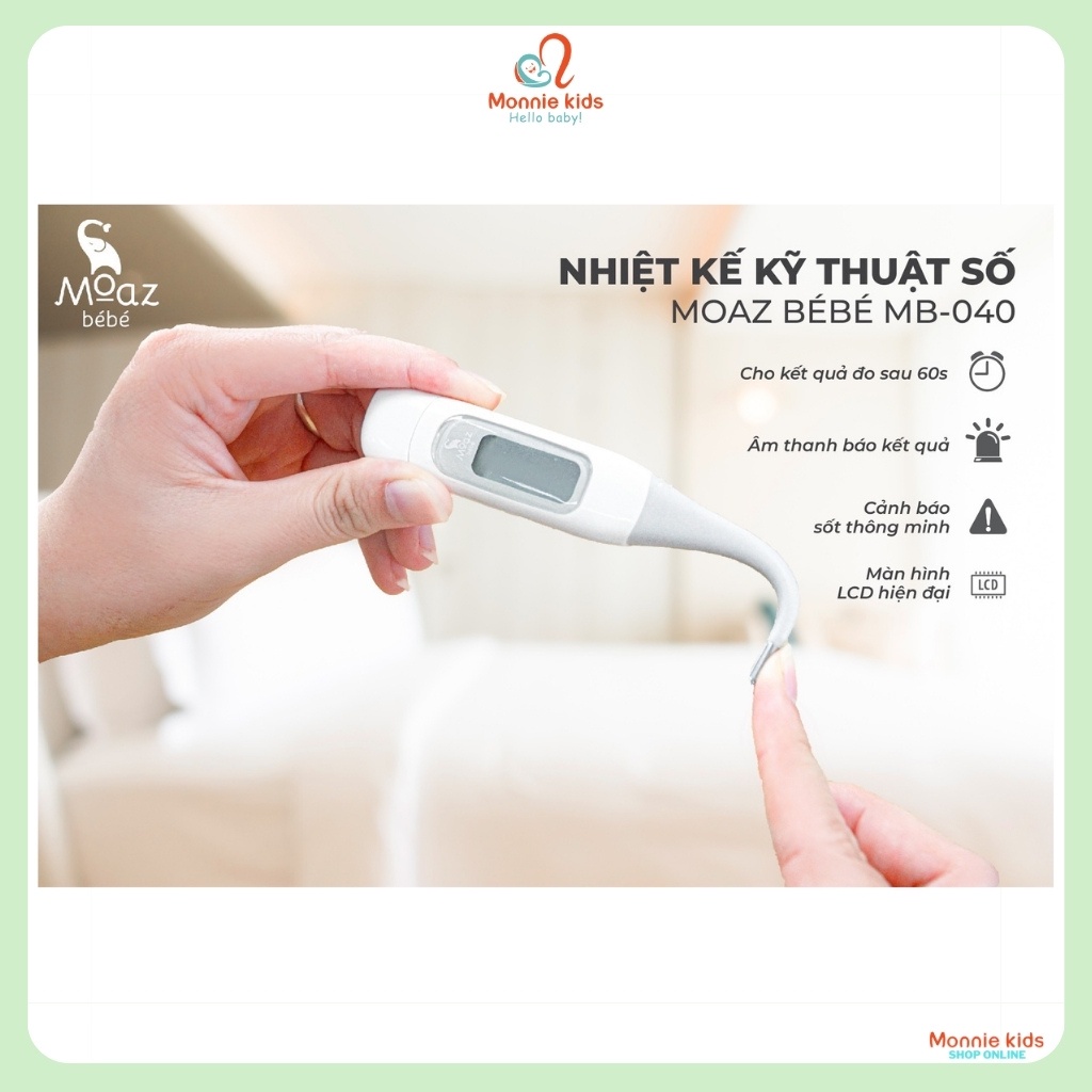 Nhiệt kế điện tử cho bé Moaz Bébé MB040, nhiệt kế đo nhiệt kẹp nách màn Led - Monnie Kids