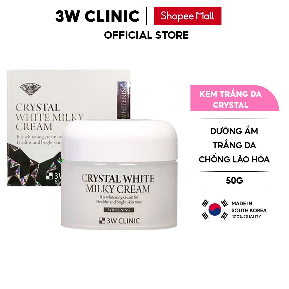 Kem trắng da nâng tone 3W Clinic Hàn Quốc Crystal White Milky Cream giúp da trắng mịn dưỡng ẩm và xóa mờ nếp nhăn 50g