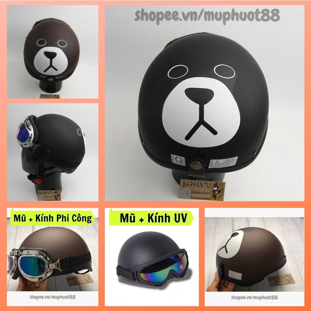 Mũ bảo hiểm nửa đầu 1/2 kèm kính, Tem gấu đen Mũ bảo hiểm đạt tiêu chuẩn