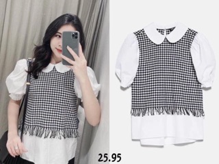 Áo sơ mi cộc tay phối caro