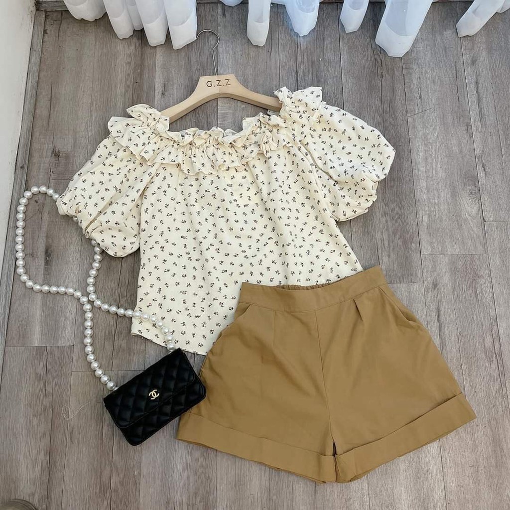 Sét đồ nữ, bộ đồ áo hoa Nhí trễ vai kèm quần kaki chun sau siêu chất kiểu dáng basic vintage