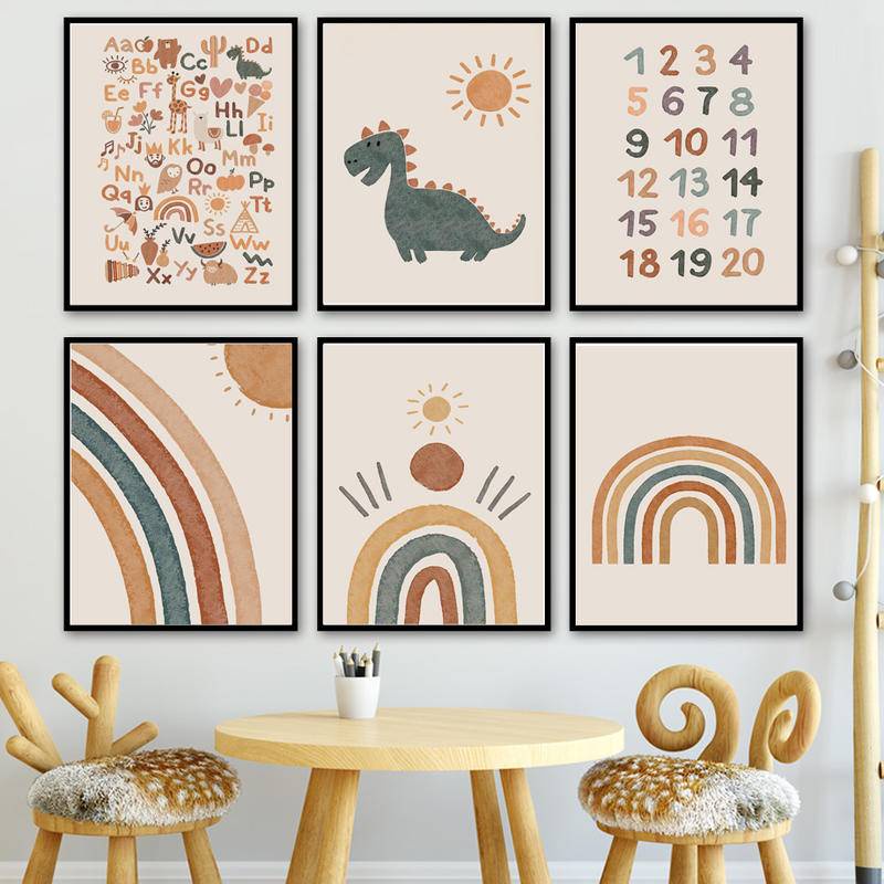 Tranh canvas treo tường trang trí hình khủng long và chữ cái cho phòng bé
