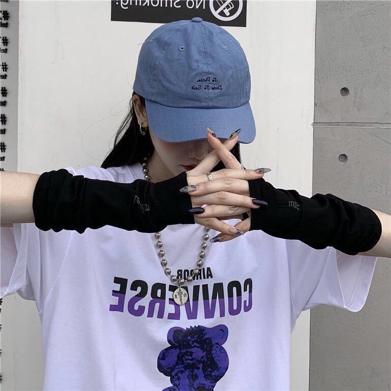 Găng tay ninja dệt kim dài hở nửa ngón chống nắng màu tối thời trang harajuku cho nam và nữ