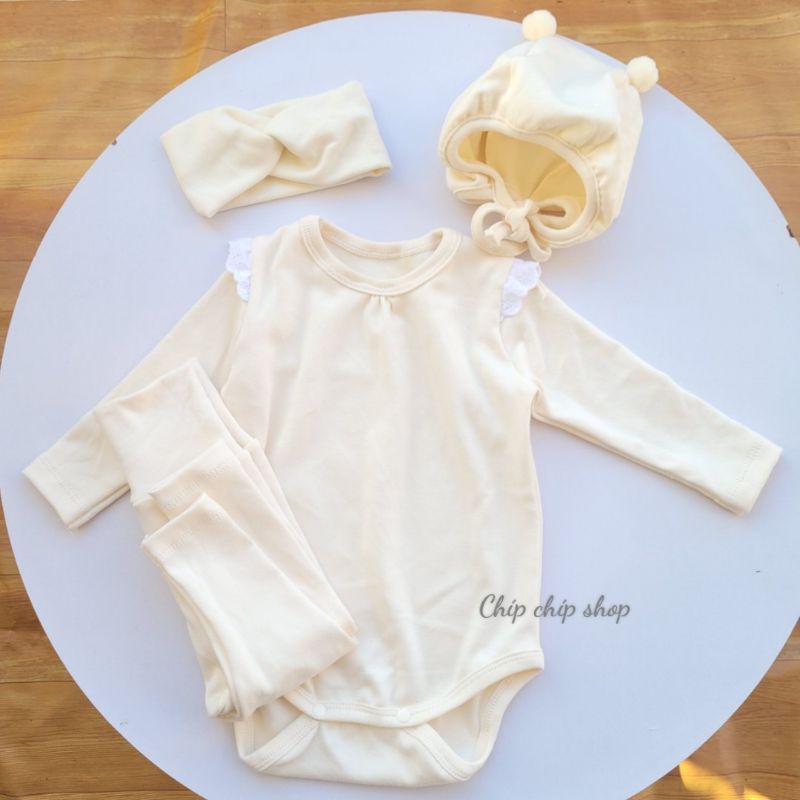 Bộ bodysuit cánh tiên dài tay,quần cạp cao tặng kèm turban   cho bé gái