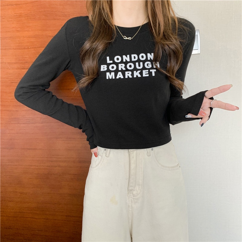 SUXI Áo Thun Tay Dài Cổ Tròn Màu Sắc Trơn In Chữ Phong Cách Hàn Quốc Dành Cho Nữ