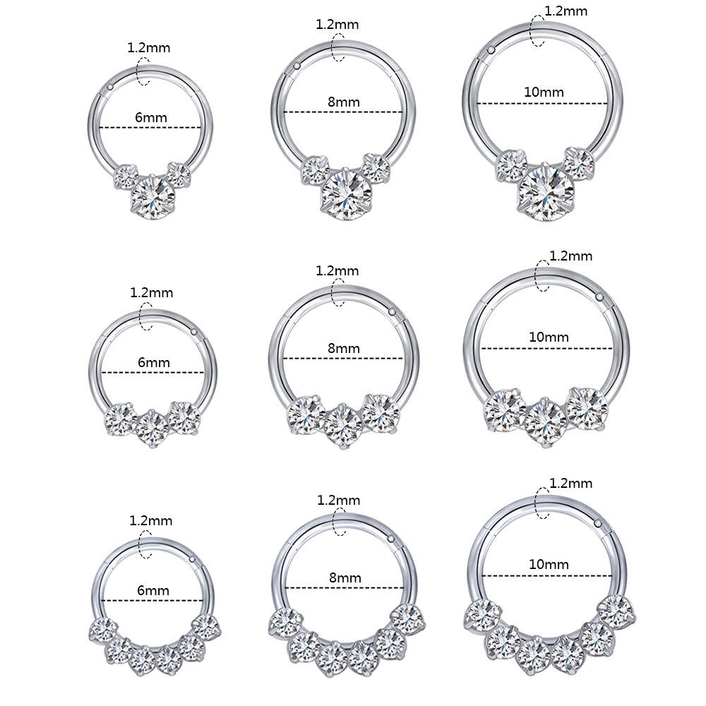 Khuyên xỏ mũi đính đá zircon sang trọng bằng thép không gỉ 16g kích thước 6 / 8 / 10mm