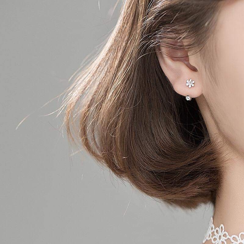 Bông tai bạc bông bi chốt zen mặt nơ hoa  Van Jewelry V10098