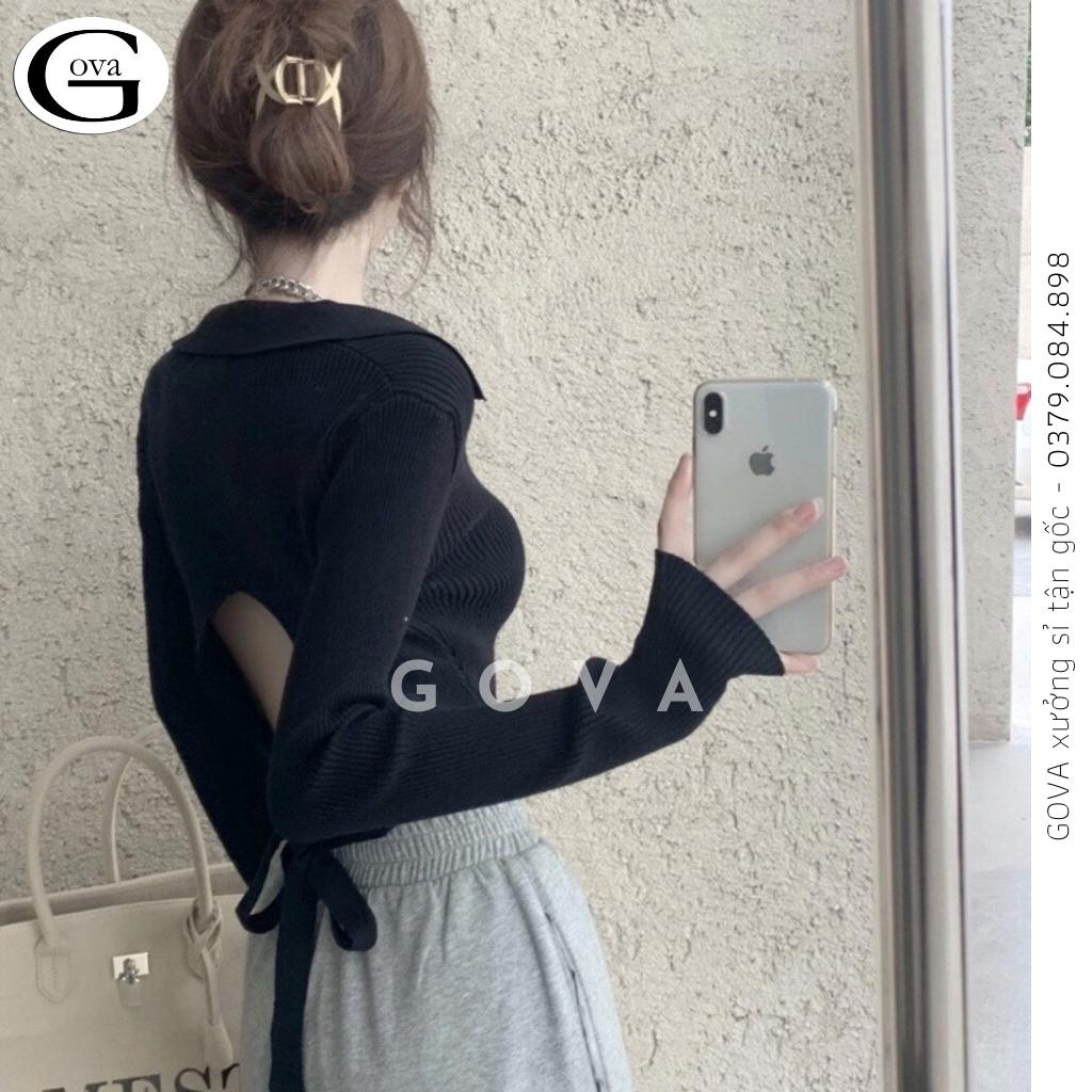 Áo Croptop cổ chữ V tay dài buộc nơ lưng Hot Trend Áo kiểu nữ ôm chất thun Cao Cấp gân mềm mát