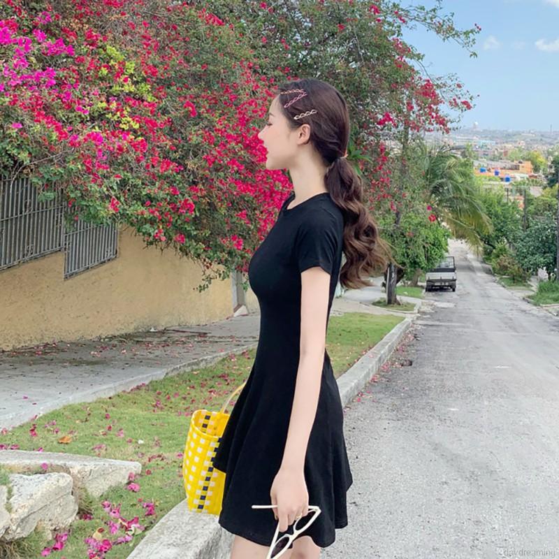 Váy Đầm Chữ a Tay Ngắn Cổ Tròn Màu Trơn Thời Trang Nữ
