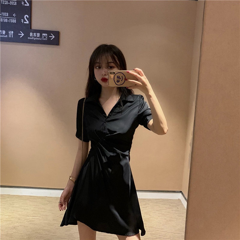 Đầm Lụa Đen Tay Ngắn Phong Cách Hàn Quốc Gợi Cảm Cho Nữ đầm dự tiệc
