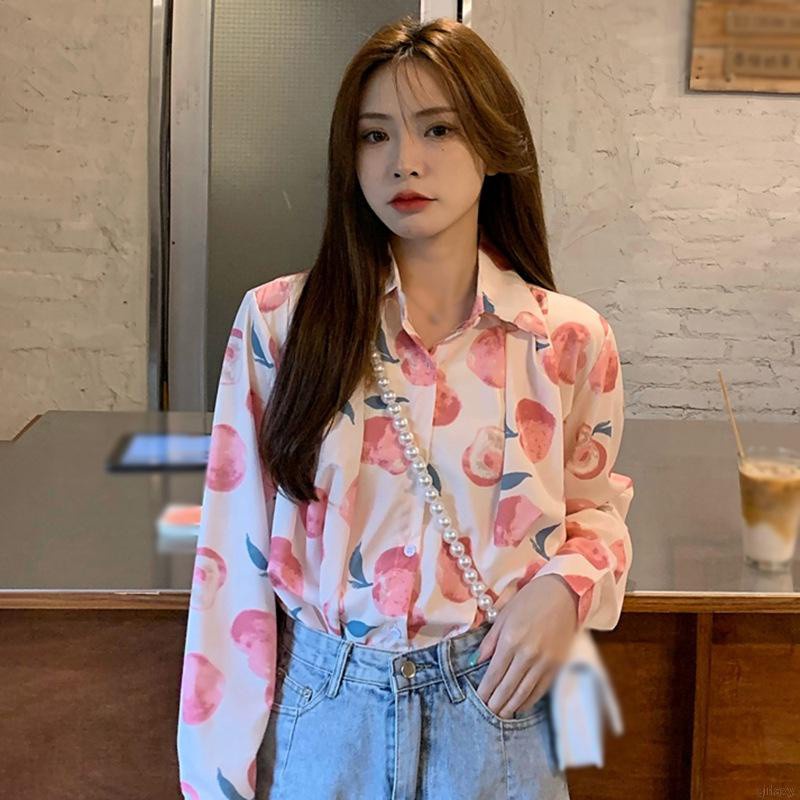 Áo Sơ Mi Tay Dài Dáng Rộng In Hình Quả Đào Kiểu Hàn Quốc Dễ Thương Cho Nữ