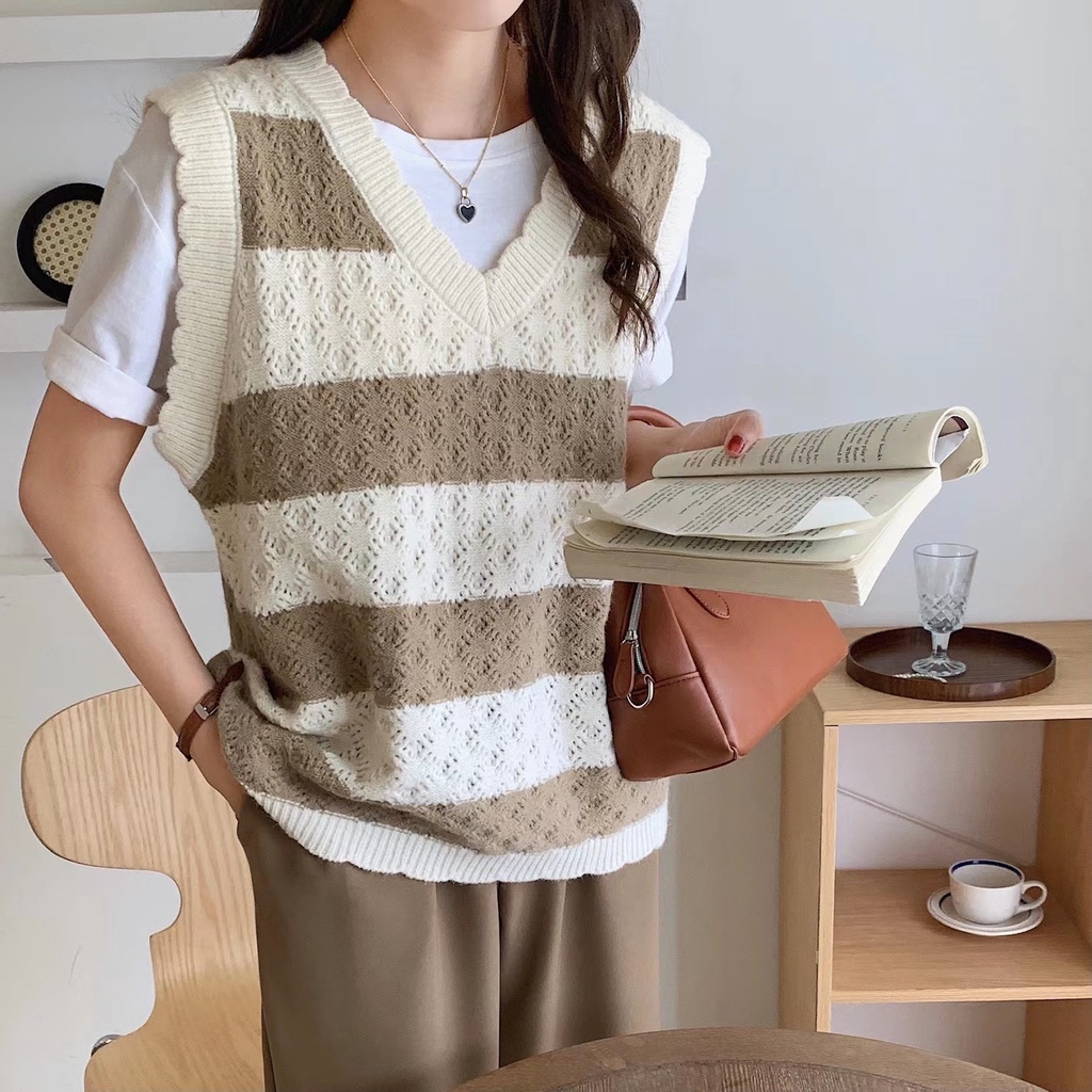 Áo Sweater Sát Nách Cổ V Viền Gợn Sóng Thời Trang Mùa Thu Phong Cách Mới 55296