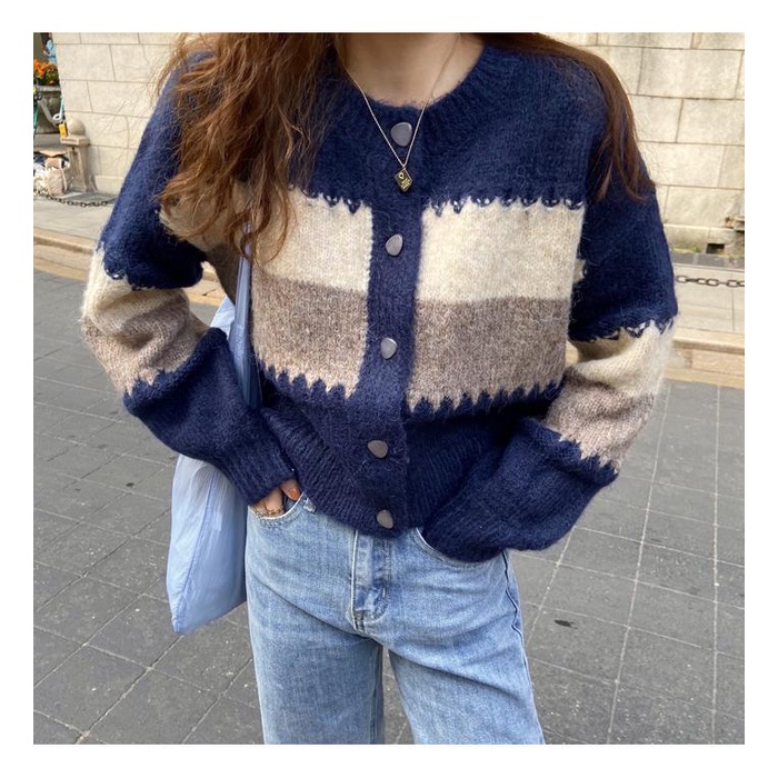 Áo khoác len Cardigan dáng rộng ngắn màu tương phản thời trang thu đông cho nữ