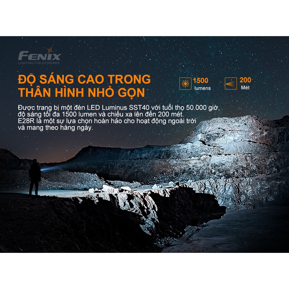 Đèn pin FENIX E28R độ sáng 1500 lumen chiếu xa 200m sạc USB C pin sạc 18650 3400mAh kèm theo