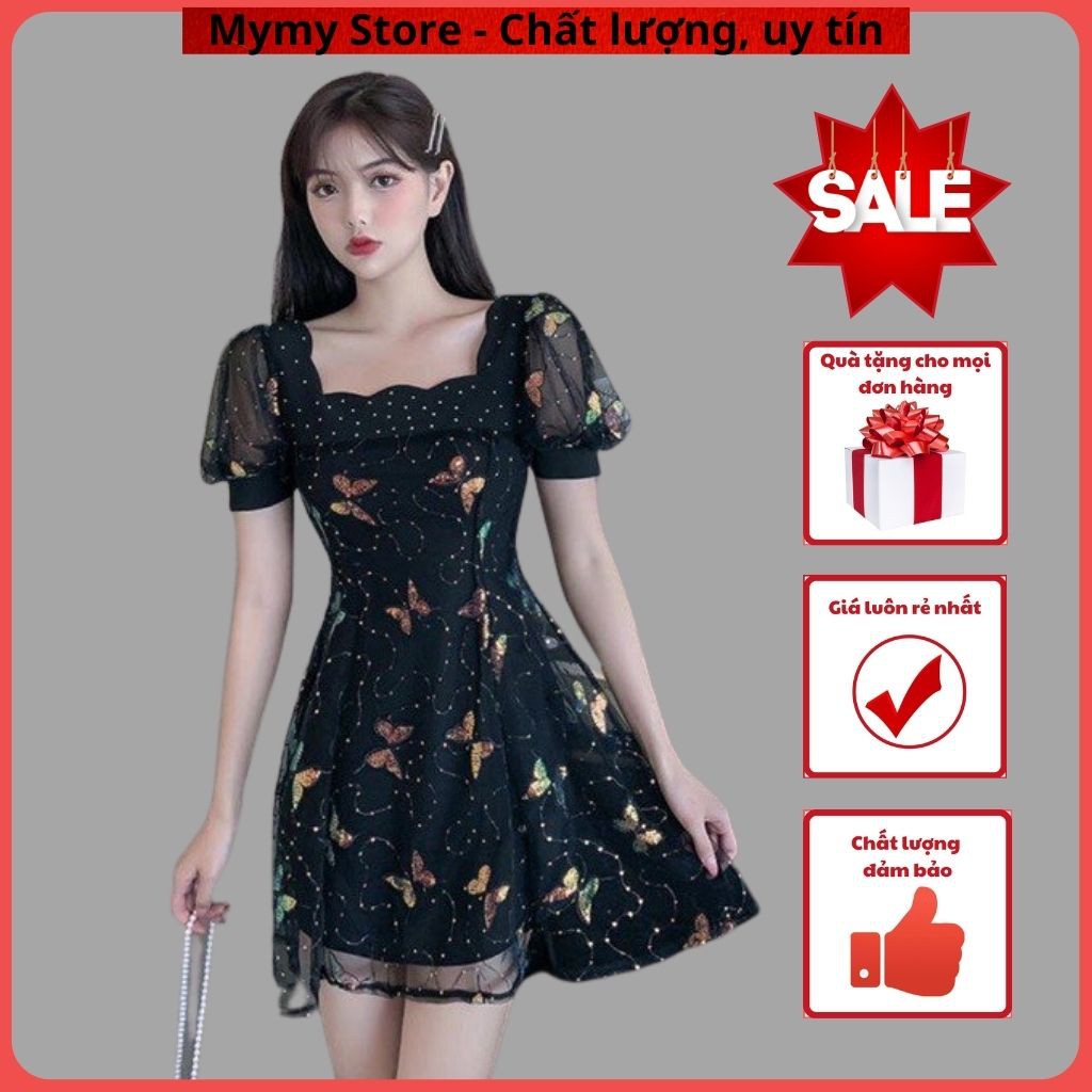 Đầm ren tiểu thư 2 lớp tay bồng, váy ngắn xòe họa tiết bướm trẻ trung, đầm Ullzang zen siêu đẹp