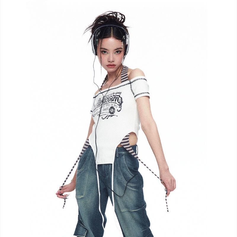 Áo Thun Croptop Tay Ngắn Cổ Một Dây Dáng Ôm In Họa Tiết Sọc y2k Millennium y2k Thời Trang Mùa Hè Kiểu Mới Cho Bạn Gái