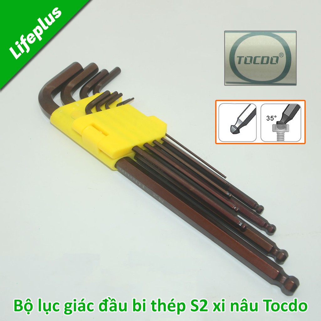 Bộ lục giác bi 9 cây chữ L hệ mét 1.5-10mm dài 23cm thép S2 xi nâu TOCDO-218