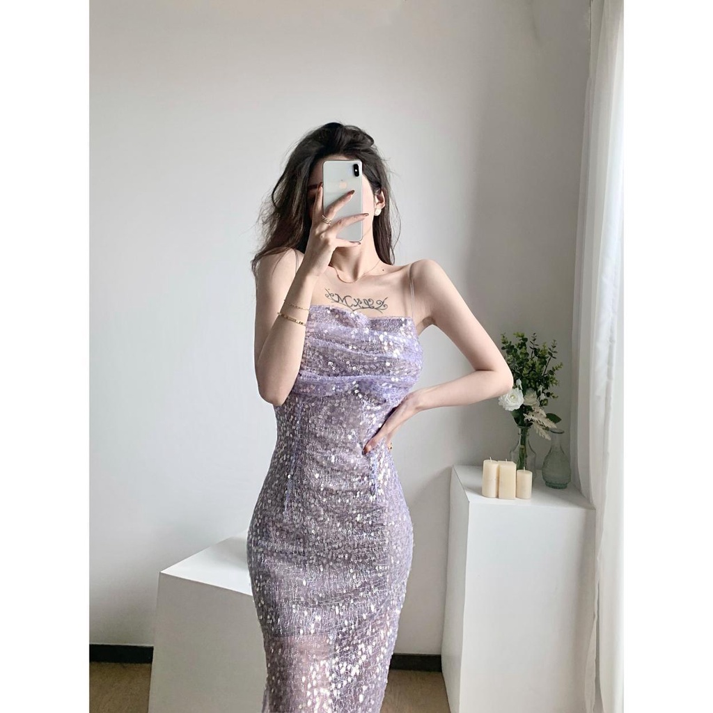 Bán Chạy Đầm Hai Dây Ôm Dáng Đính Kim Sa Lấp Lánh Thời Trang Sang Trọng Quyến Rũ Cho Nữ