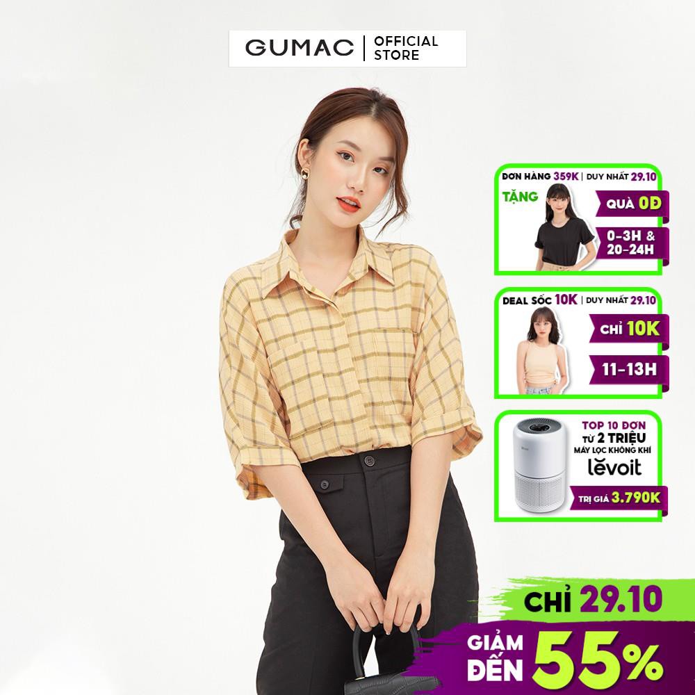 Áo sơ mi nữ tay dơi GUMAC màu vàng họa tiết caro AB560 - Hàng mới về