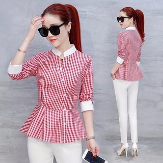 .THỜI TRANG NỮ - Áo Kiểu Sọc Caro Peplum PHỐI TRẮNG