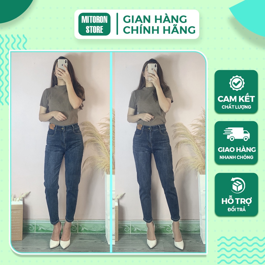Quần Jean Nữ Baggy dáng Boy, Co Dãn Có Túi, Xanh Đậm, Quần Cạp Vừa Trơn